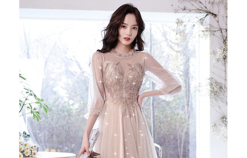 Cocktail Evening / Midi Dress Gown Flower A-Line Sequin Embroidered Puff-Sleeve