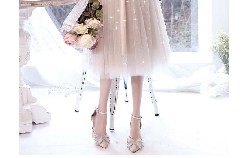 Cocktail Evening / Midi Dress Gown Flower A-Line Sequin Embroidered Puff-Sleeve