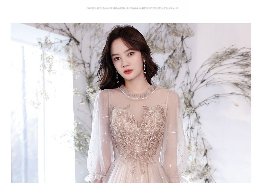 Cocktail Evening / Midi Dress Gown Flower A-Line Sequin Embroidered Puff-Sleeve