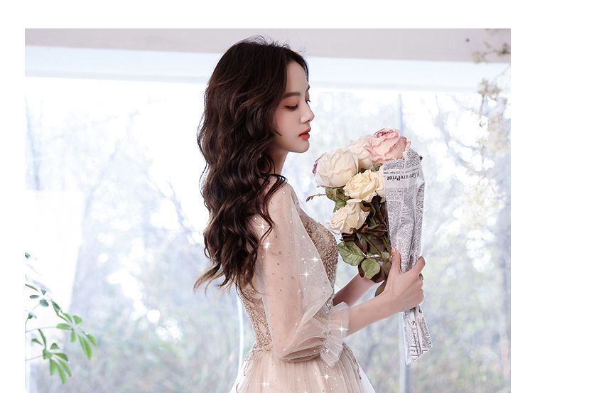 Cocktail Evening / Midi Dress Gown Flower A-Line Sequin Embroidered Puff-Sleeve