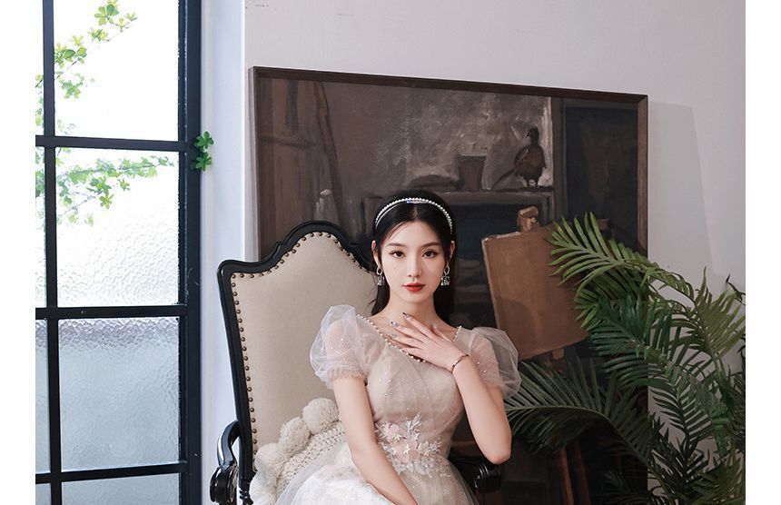 Evening Flower Embroidered Gown Puff-Sleeve Sequin A-Line