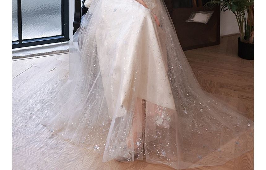 Evening Flower Embroidered Gown Puff-Sleeve Sequin A-Line