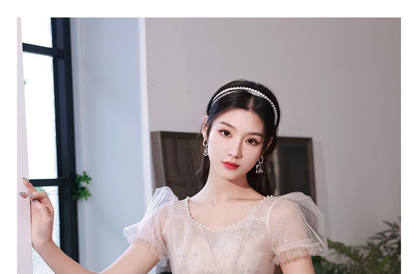 Evening Flower Embroidered Gown Puff-Sleeve Sequin A-Line