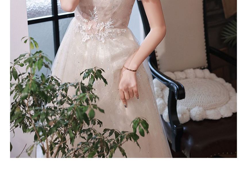 Evening Flower Embroidered Gown Puff-Sleeve Sequin A-Line