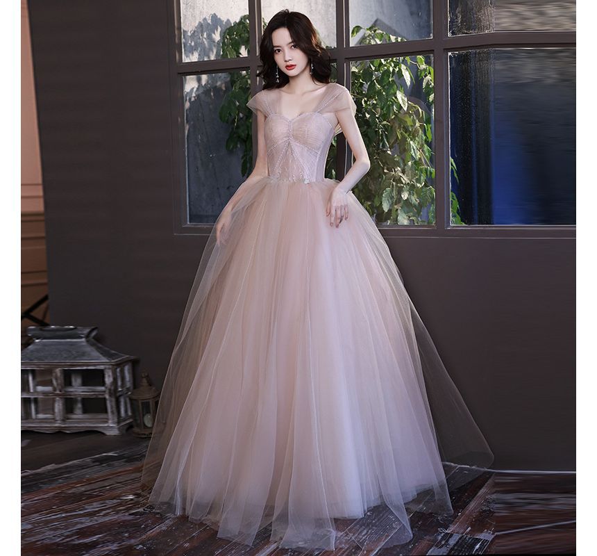 Beaded Gown Cap-Sleeve Evening A-Line Plain