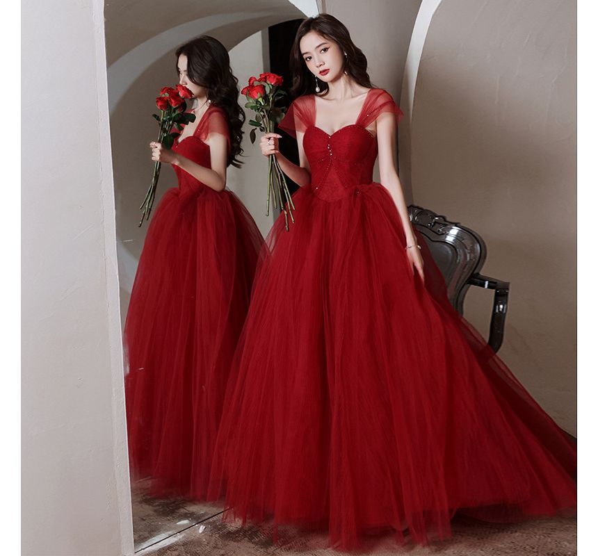 Beaded Gown Cap-Sleeve Evening A-Line Plain