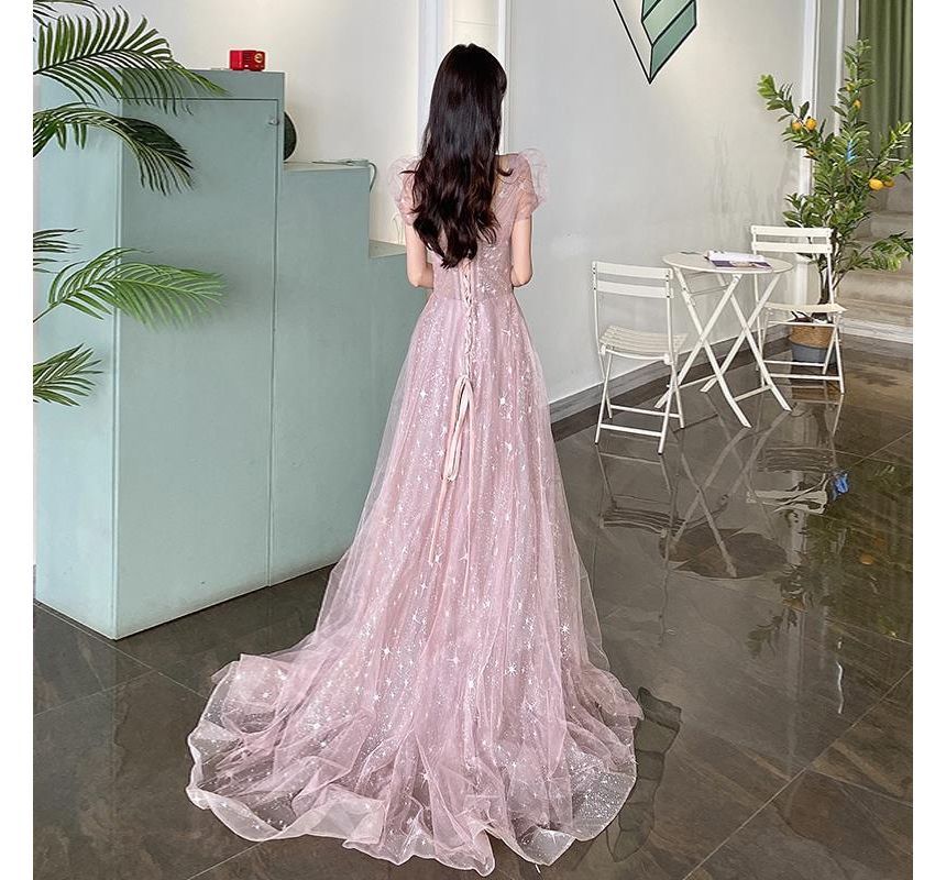 Print Puff-Sleeve Gown A-Line Lace-Up Star Evening