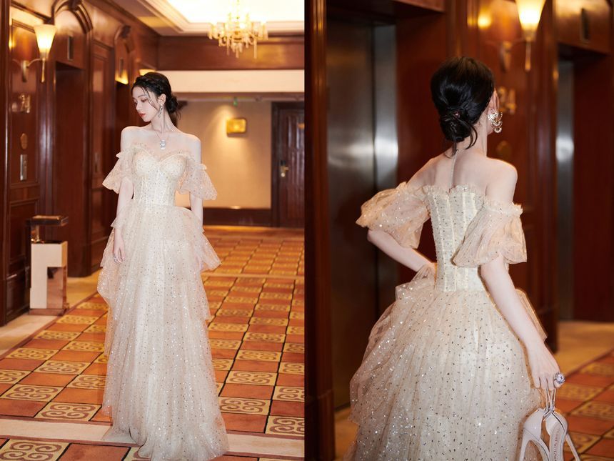 Sequin Gown Shoulder Off Tiered Evening A-Line Short-Sleeve Mesh