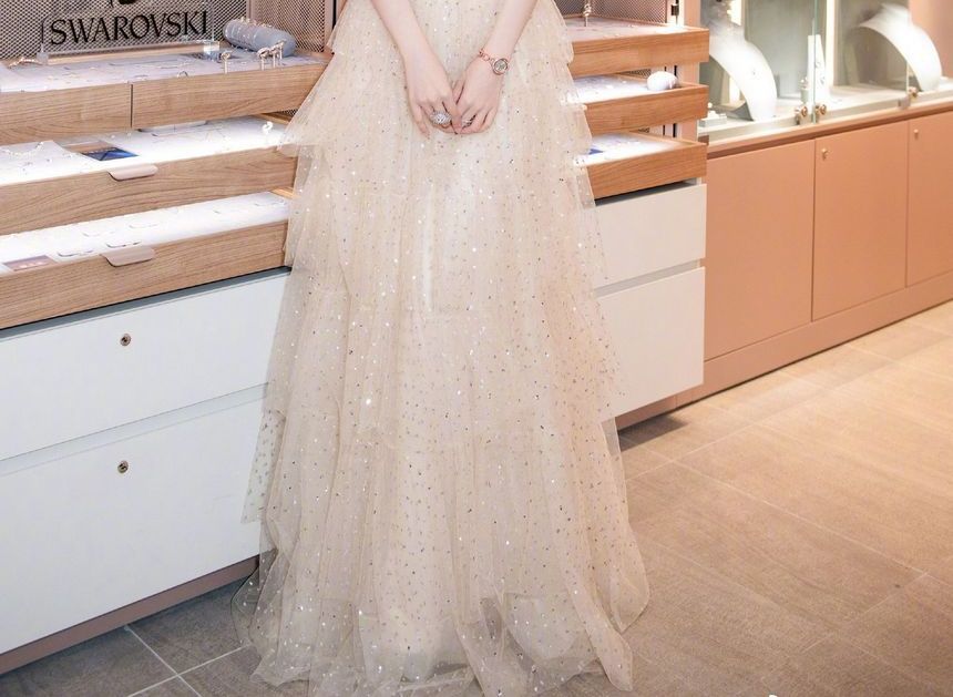 Sequin Gown Shoulder Off Tiered Evening A-Line Short-Sleeve Mesh