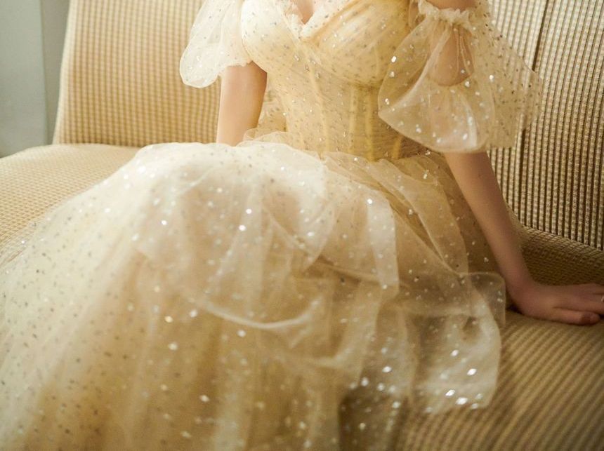 Sequin Gown Shoulder Off Tiered Evening A-Line Short-Sleeve Mesh