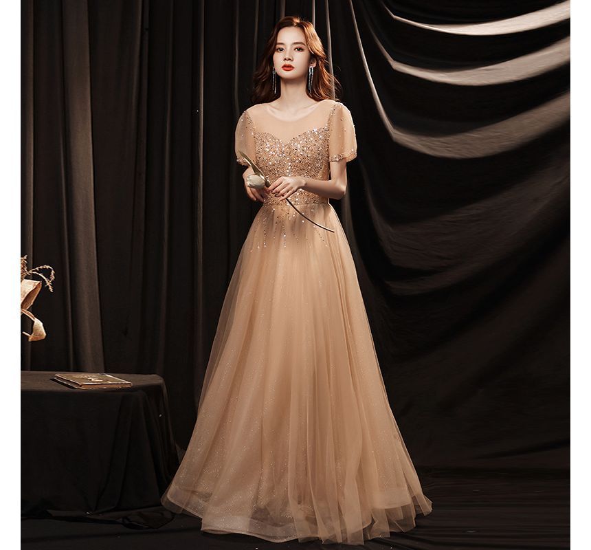 Round Mesh Cocktail / Neck Gown A-Line Sequin Short-Sleeve Dress Evening