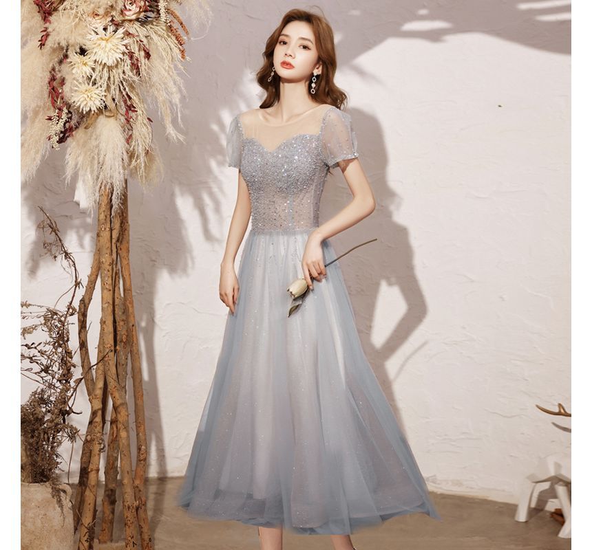 Round Mesh Cocktail / Neck Gown A-Line Sequin Short-Sleeve Dress Evening