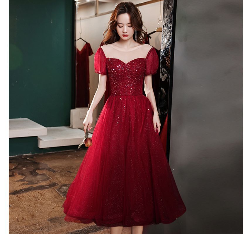 Round Mesh Cocktail / Neck Gown A-Line Sequin Short-Sleeve Dress Evening