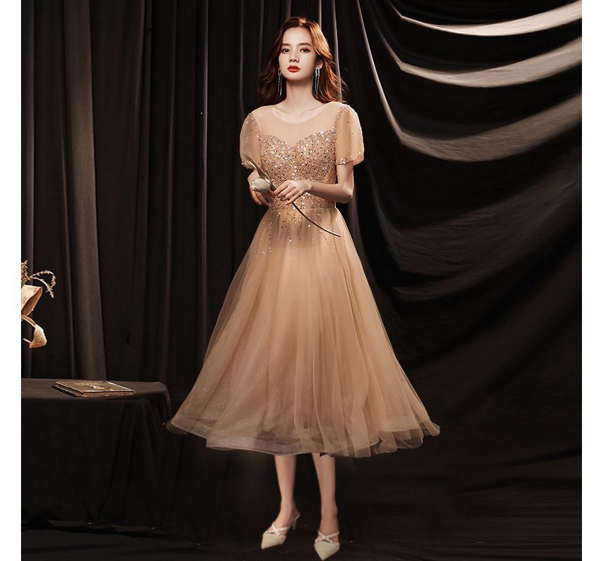 Round Mesh Cocktail / Neck Gown A-Line Sequin Short-Sleeve Dress Evening