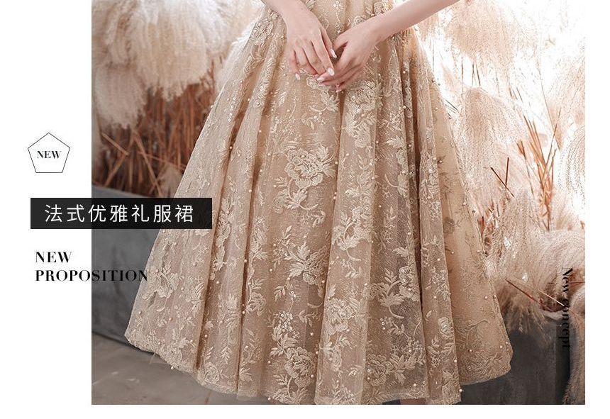 Faux Gown Cocktail Dress Short-Sleeve Mock Neck Pearl Flower A-Line Embroidered / Evening