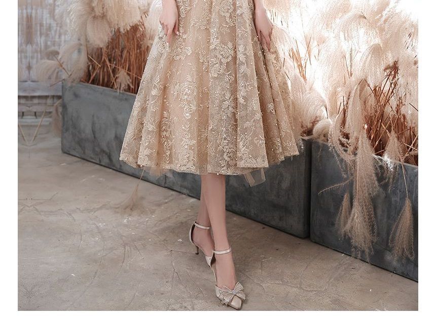 Faux Gown Cocktail Dress Short-Sleeve Mock Neck Pearl Flower A-Line Embroidered / Evening