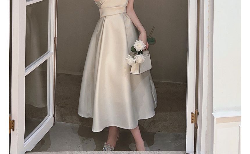 Plain Strap Slim-Fit Midi Dress Spaghetti