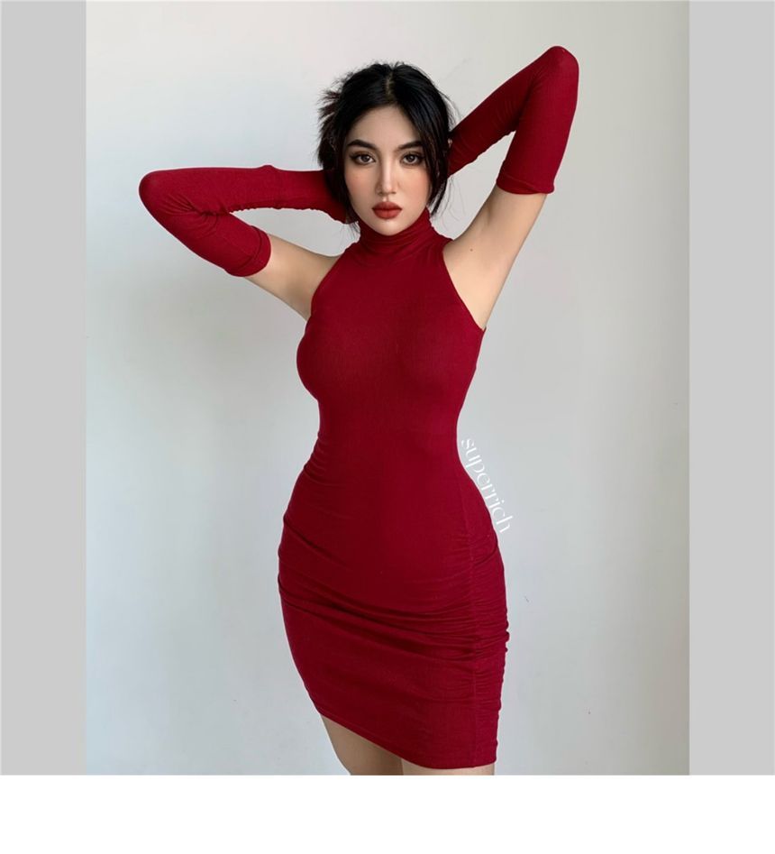 Turtleneck Sleeveless Plain Dress Arm Mini Sleeves With