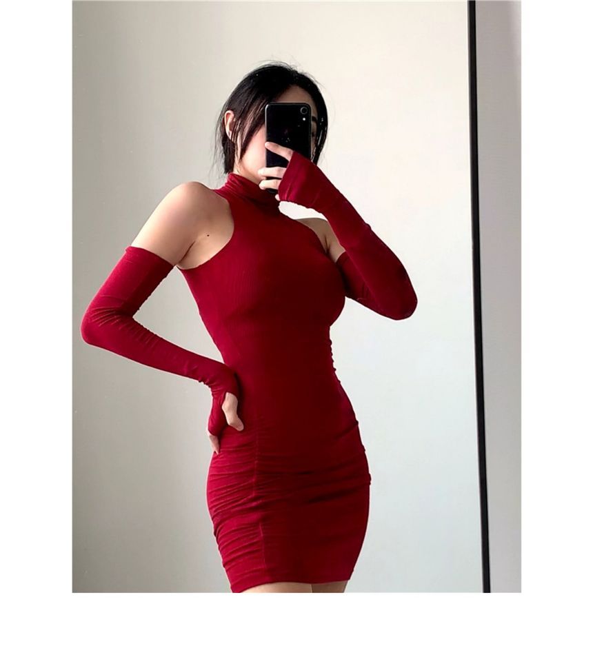 Turtleneck Sleeveless Plain Dress Arm Mini Sleeves With