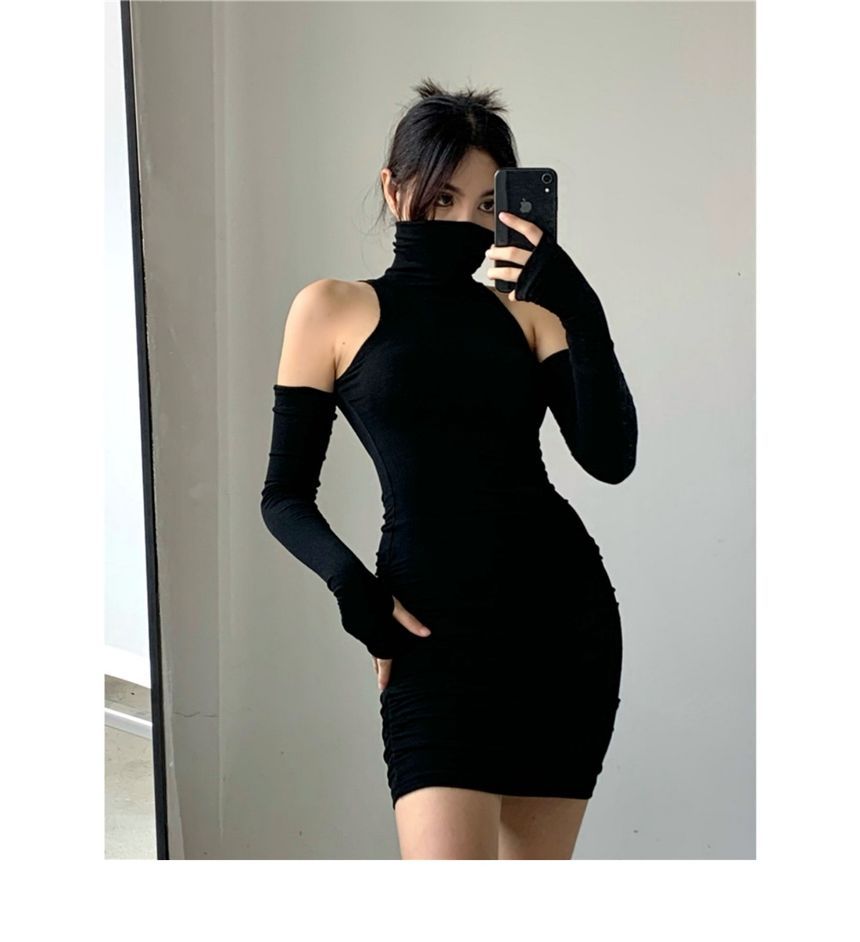 Turtleneck Sleeveless Plain Dress Arm Mini Sleeves With