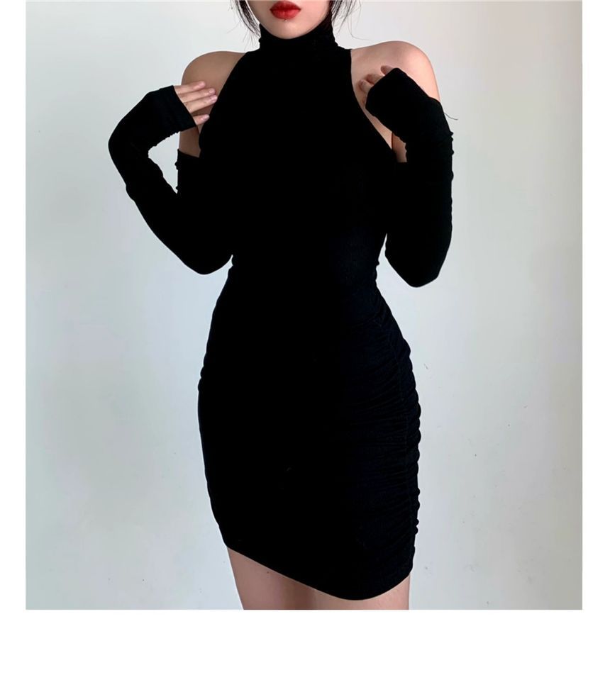 Turtleneck Sleeveless Plain Dress Arm Mini Sleeves With