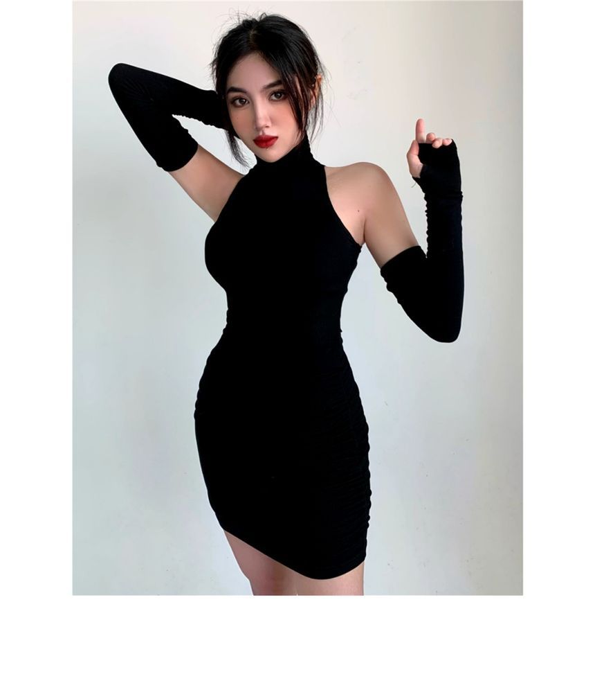 Turtleneck Sleeveless Plain Dress Arm Mini Sleeves With