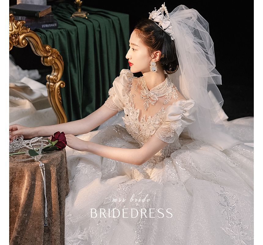 Sequined Gown Ball Puff-Sleeve Wedding Floral Embroidered