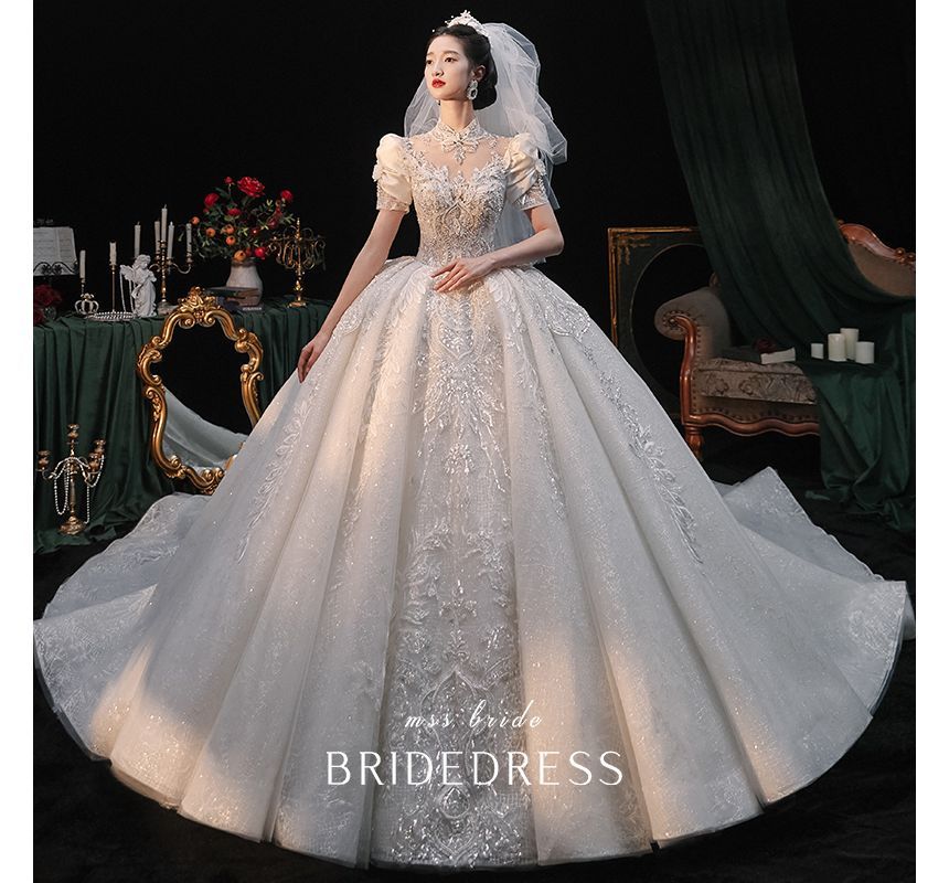 Sequined Gown Ball Puff-Sleeve Wedding Floral Embroidered