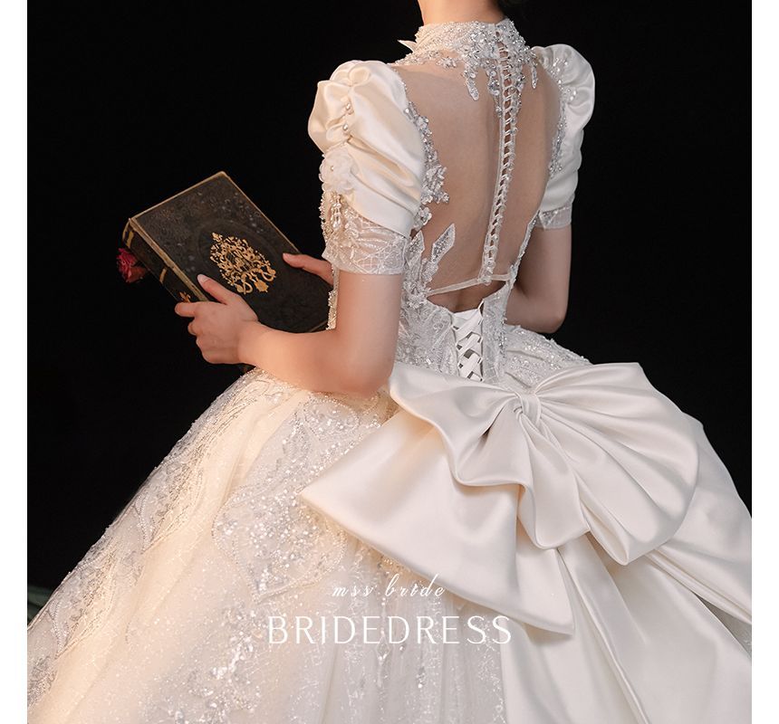Sequined Gown Ball Puff-Sleeve Wedding Floral Embroidered