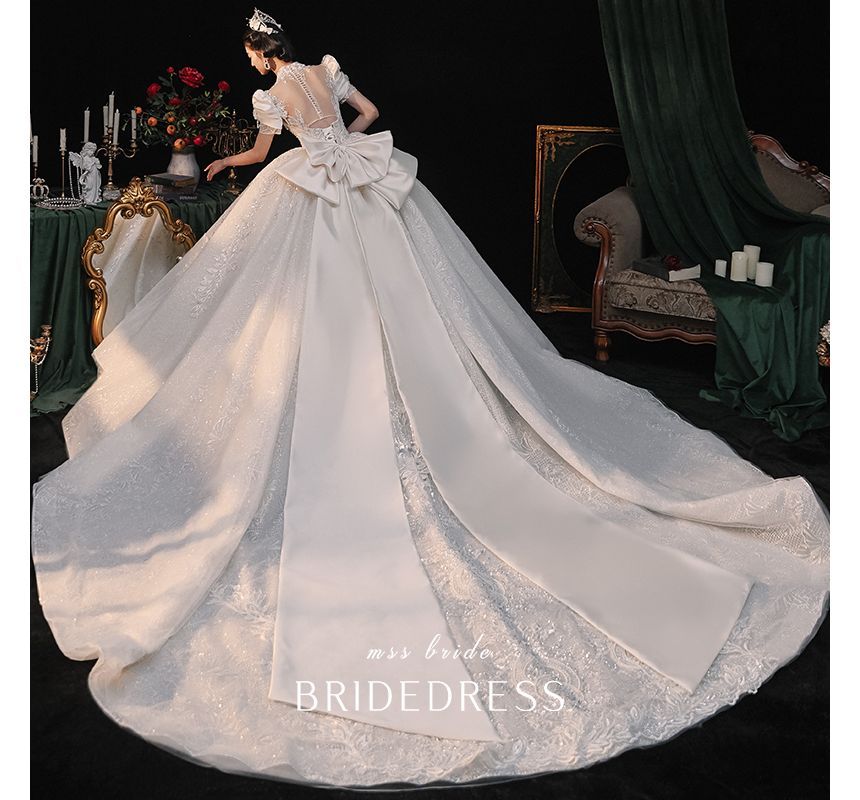 Sequined Gown Ball Puff-Sleeve Wedding Floral Embroidered