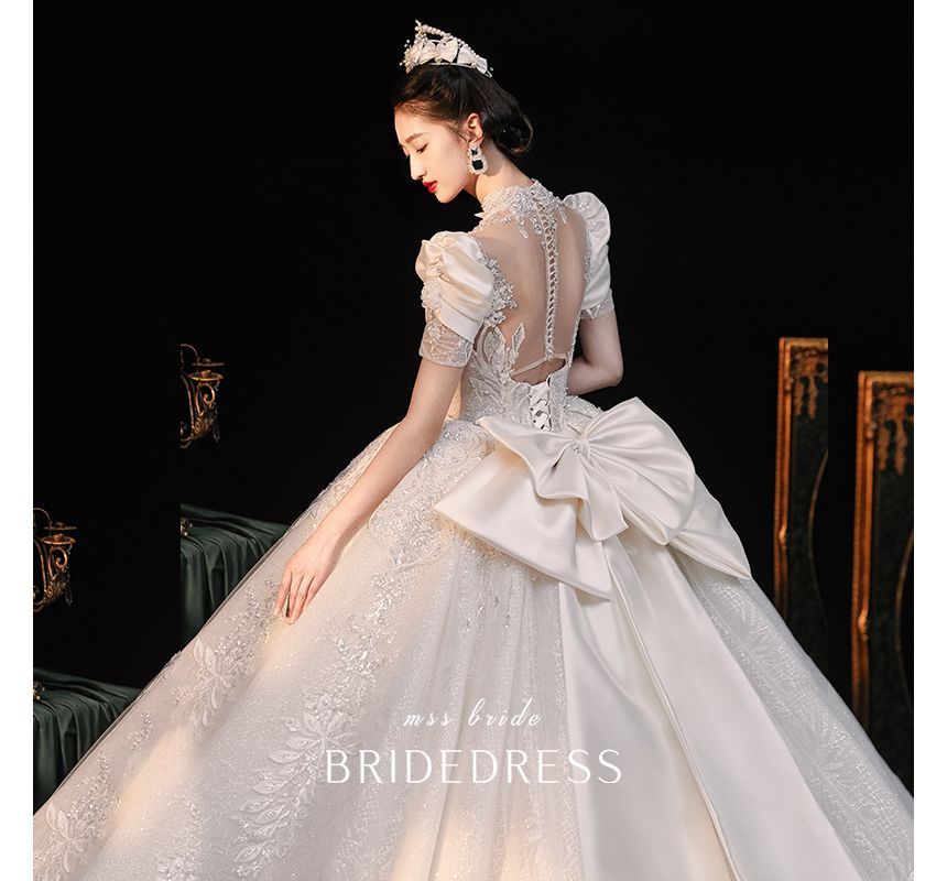 Sequined Gown Ball Puff-Sleeve Wedding Floral Embroidered