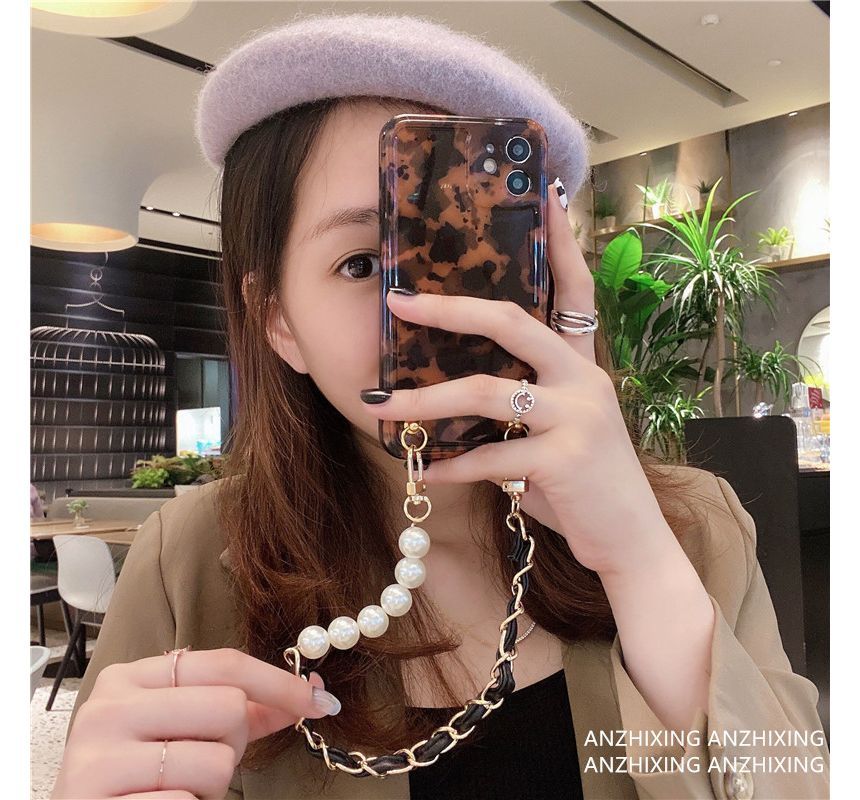 Leopard Pearl Faux Chain Case Print Phone