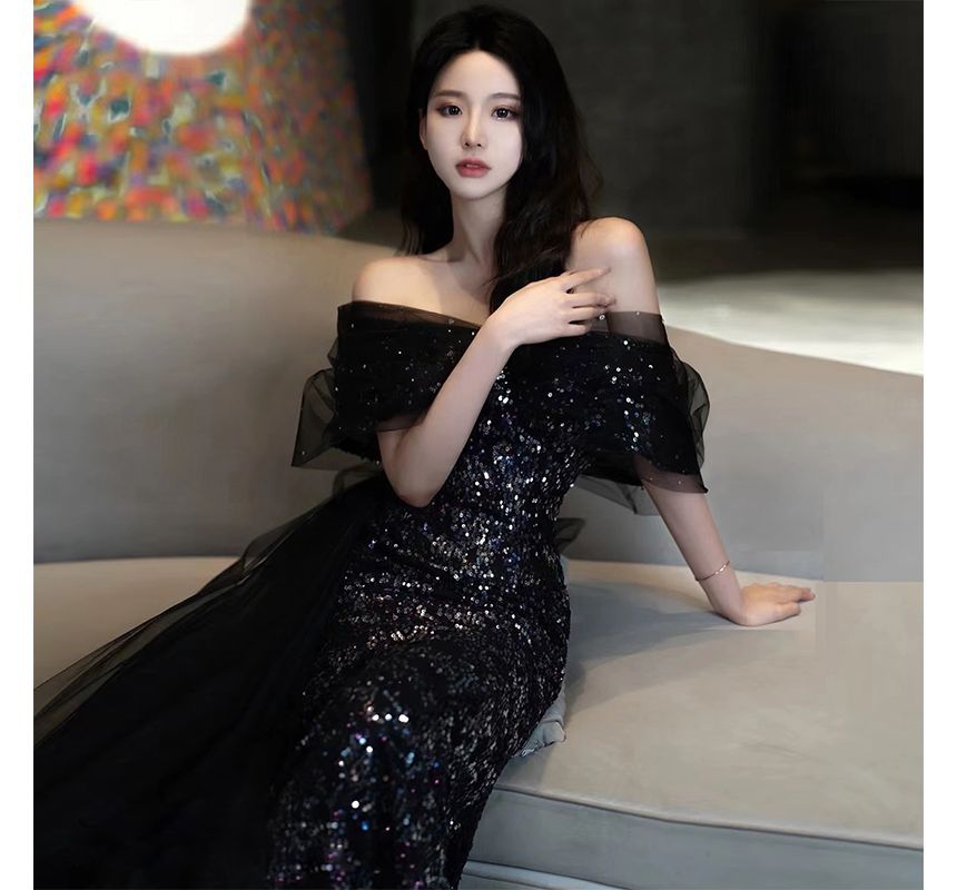 Gown Elbow-Sleeve Panel Shoulder Evening Mermaid Mesh Sequined Trained Off