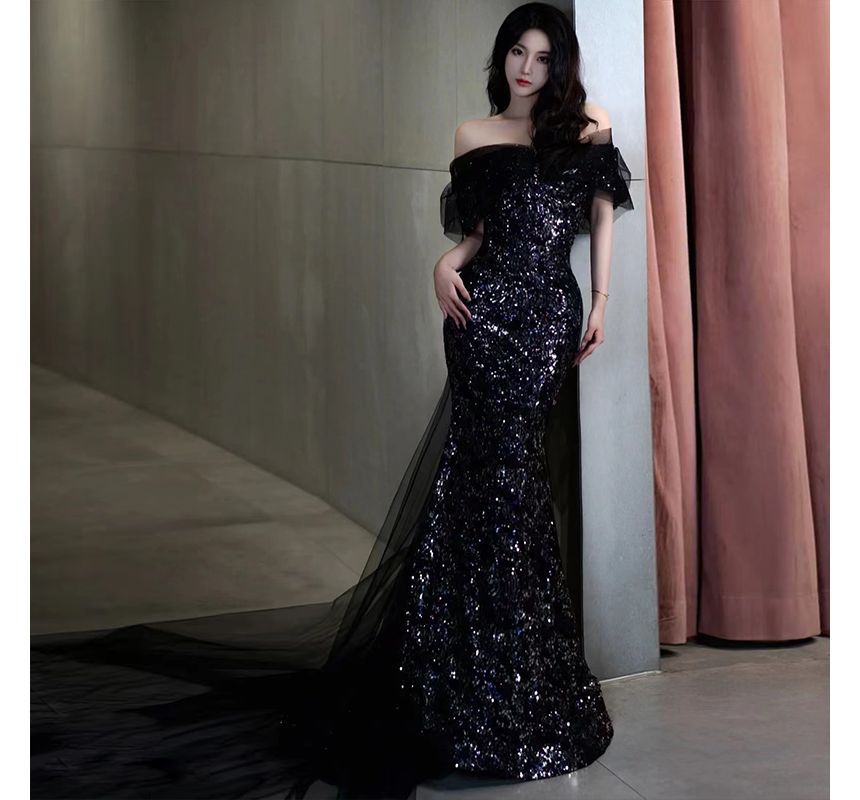 Gown Elbow-Sleeve Panel Shoulder Evening Mermaid Mesh Sequined Trained Off