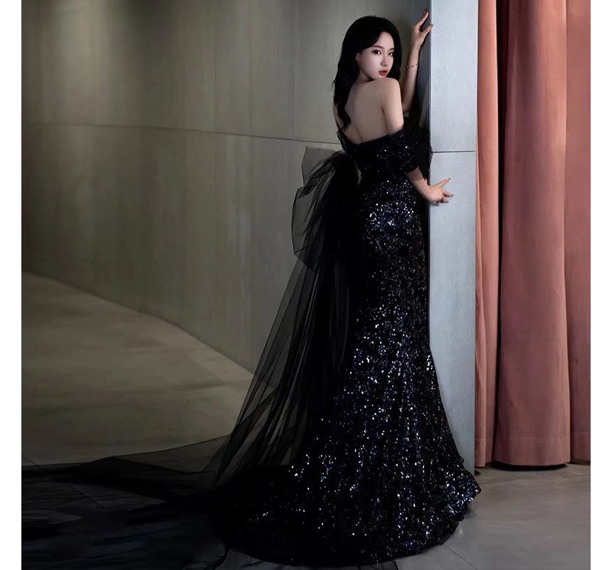 Gown Elbow-Sleeve Panel Shoulder Evening Mermaid Mesh Sequined Trained Off