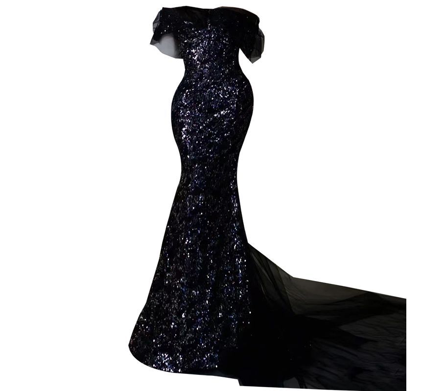 Gown Elbow-Sleeve Panel Shoulder Evening Mermaid Mesh Sequined Trained Off