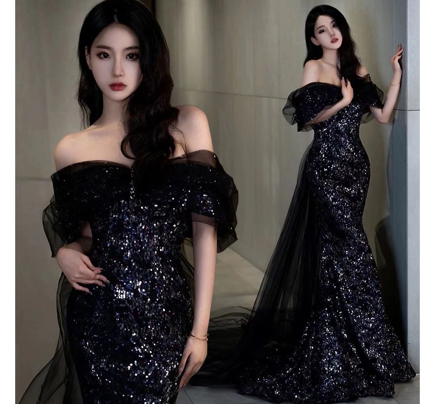 Gown Elbow-Sleeve Panel Shoulder Evening Mermaid Mesh Sequined Trained Off