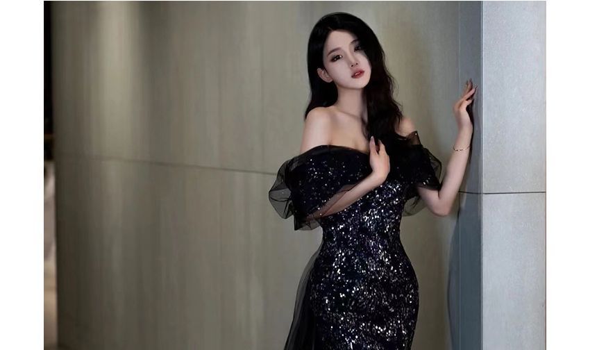 Gown Elbow-Sleeve Panel Shoulder Evening Mermaid Mesh Sequined Trained Off