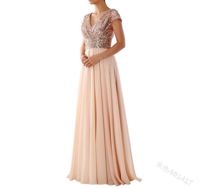 A-Line Gown Short-Sleeve Sequined Evening