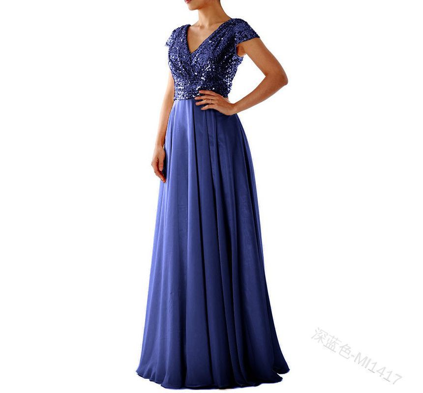 A-Line Gown Short-Sleeve Sequined Evening