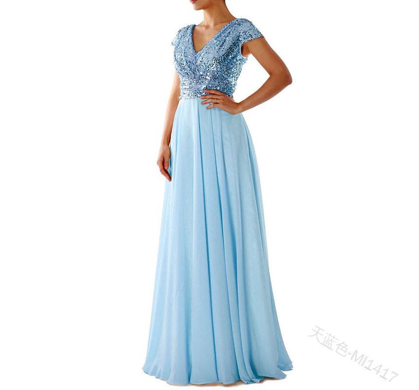 A-Line Gown Short-Sleeve Sequined Evening