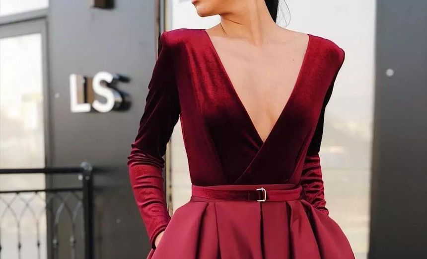 Long-Sleeve V-Neck Evening A-Line Gown Plain