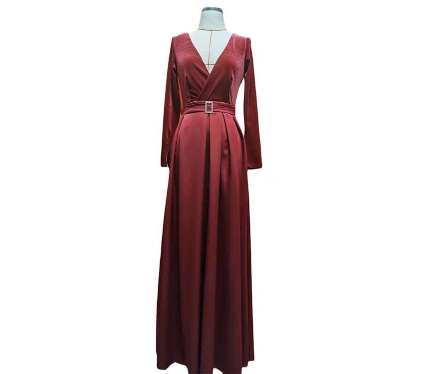 Long-Sleeve V-Neck Evening A-Line Gown Plain