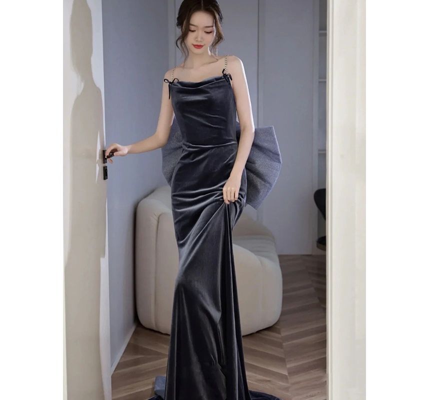Strap Spaghetti Evening Gown Backless A-Line Bow
