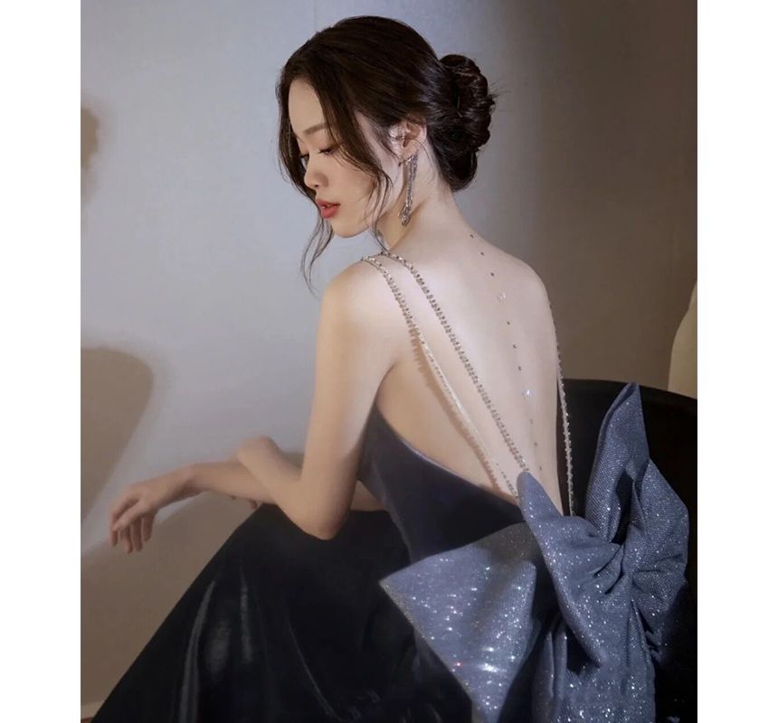 Strap Spaghetti Evening Gown Backless A-Line Bow
