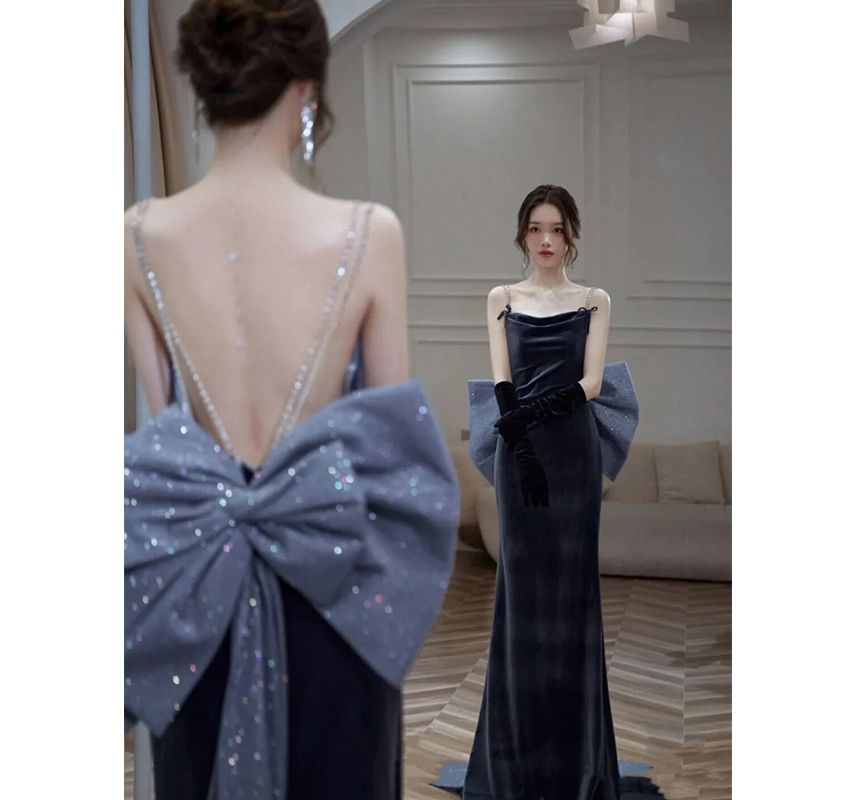 Strap Spaghetti Evening Gown Backless A-Line Bow