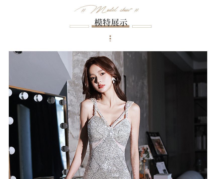 Gown Evening Sleeveless V-Neck Sequined Mermaid