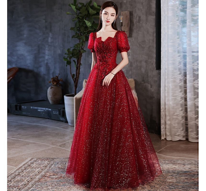 Gown Evening A-Line Sequined Mesh Short-Sleeve V-Neck