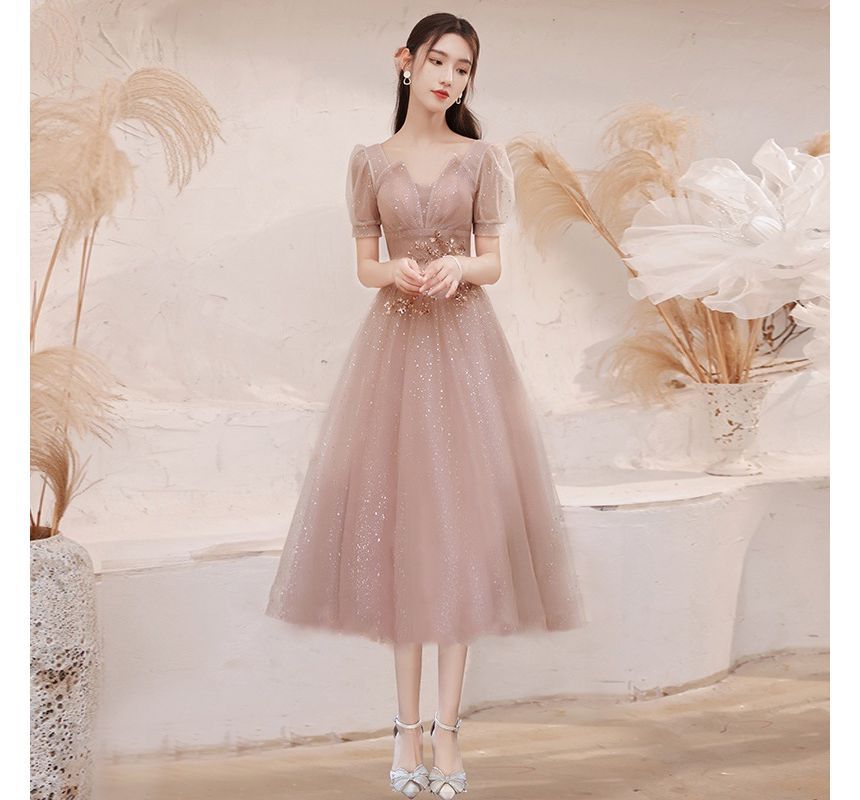 Gown Evening A-Line Sequined Mesh Short-Sleeve V-Neck