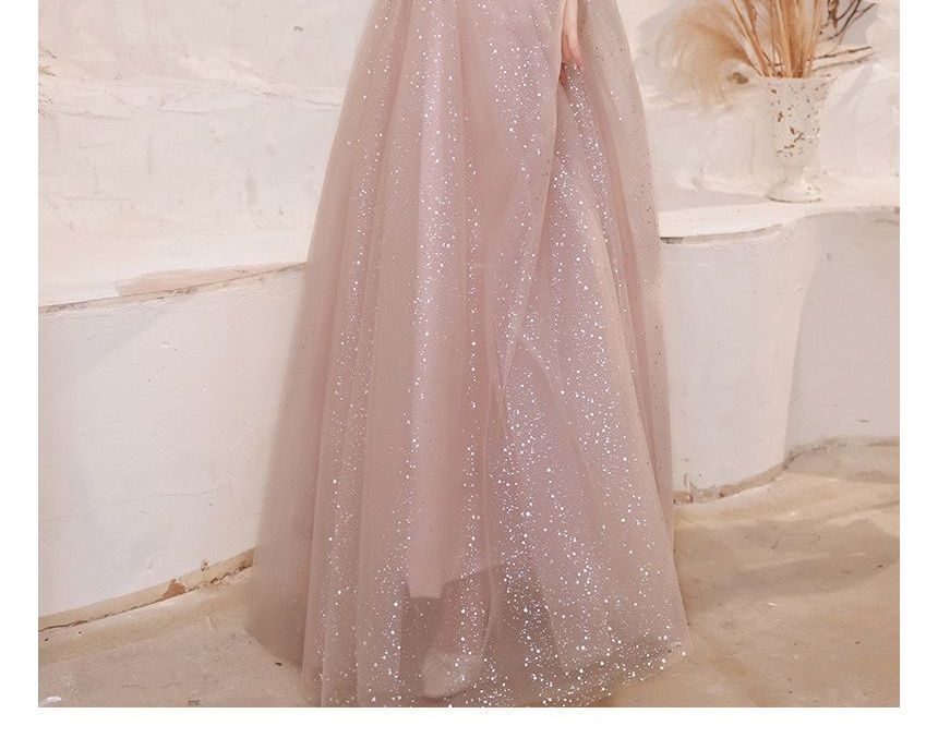 Gown Evening A-Line Sequined Mesh Short-Sleeve V-Neck